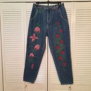 RARE VTG 1980's cotton hi waist pleated boho painted ladybug flor jeans sz 8P *V